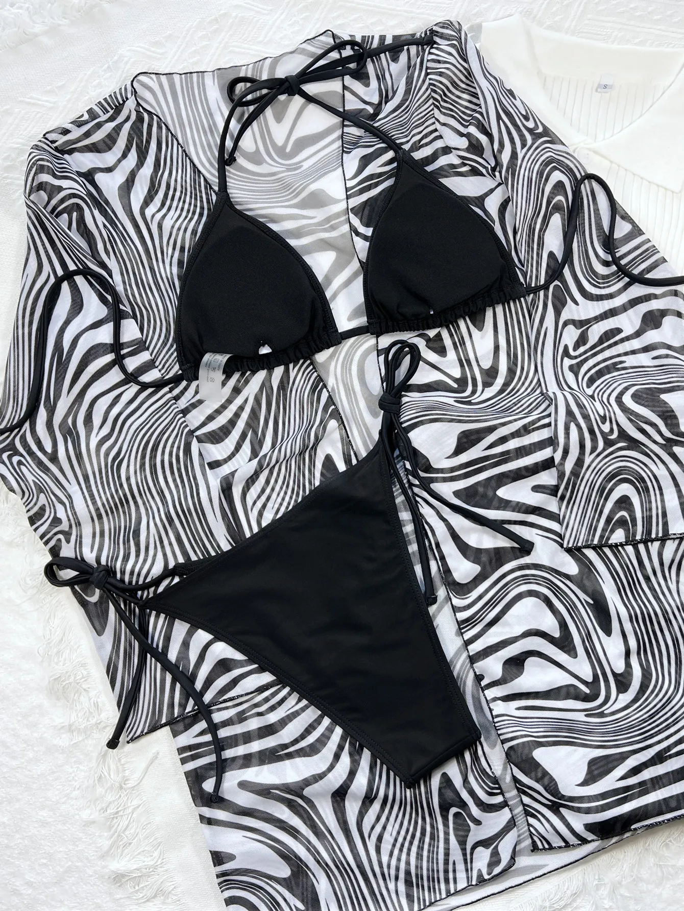 2023 Women Zebra Print Cover-up 3-piece Solid Bikini Set Wrapped Padded Triangle Swimsuit Female Lace-up Swimwear Biquini Bather