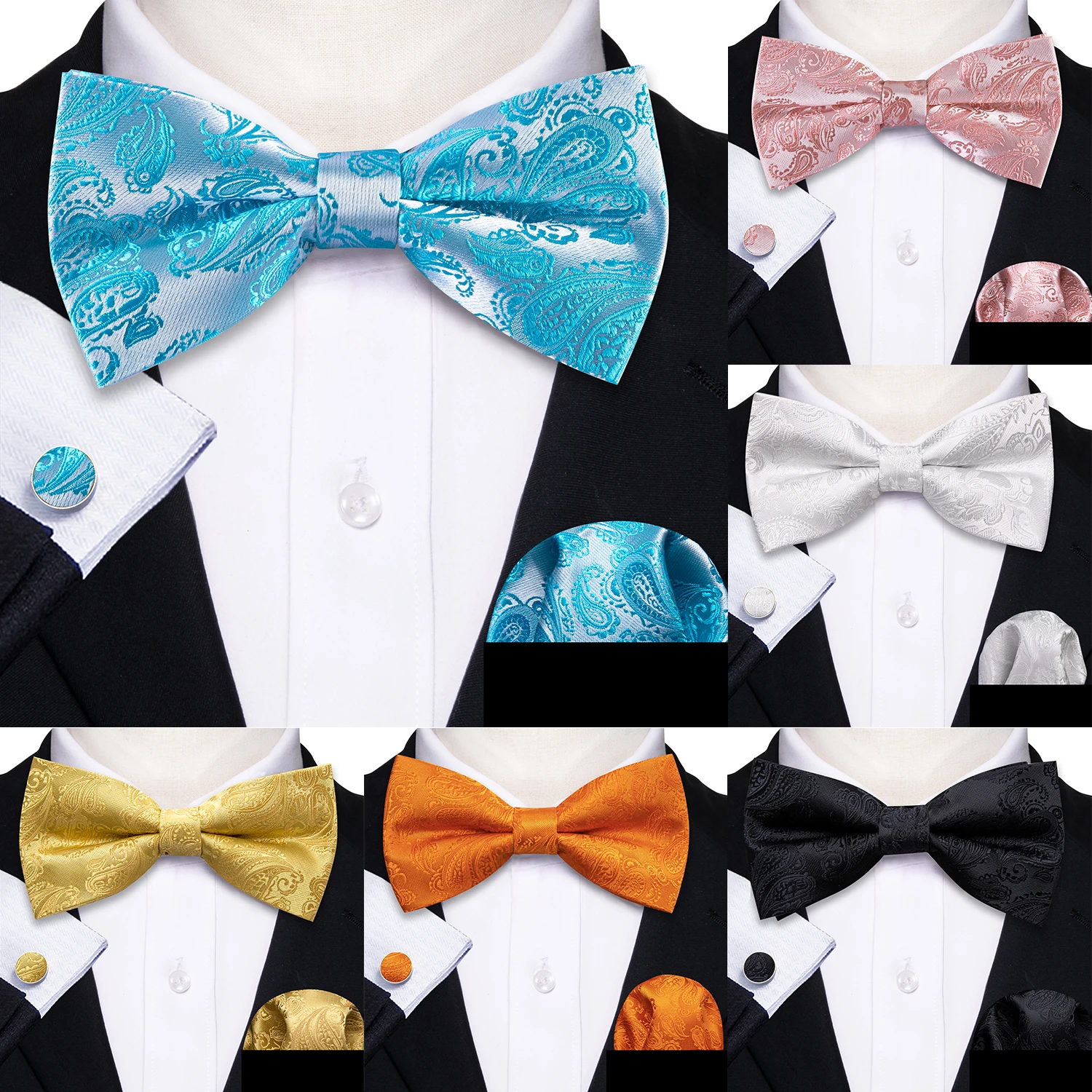 

Barry.Wang Classic Bowtie Set For Men Pre-Tied Butterfly Knot Pocket Square Cufflinks Teal Blue Red Pink Green Gold Black White