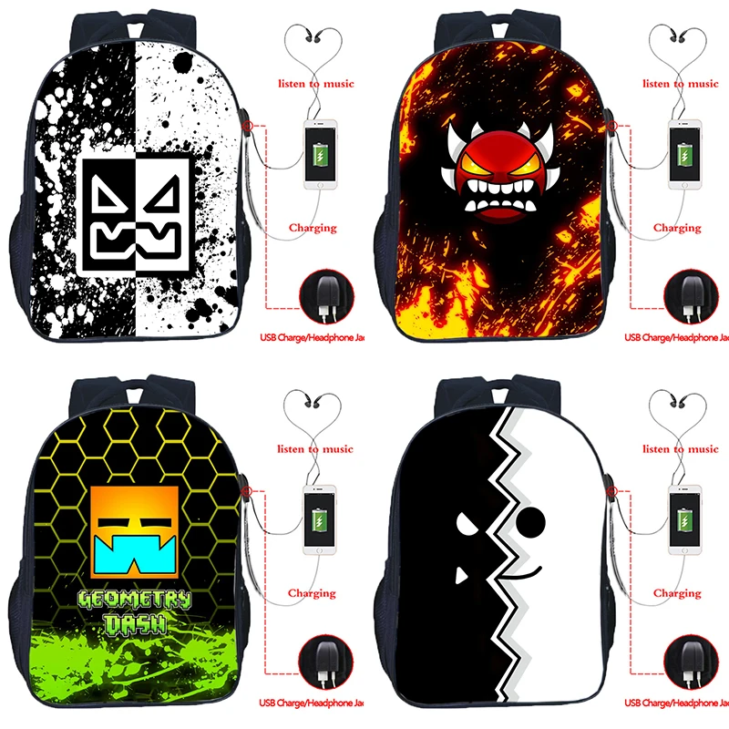 Angry Geometry Dash USB Backpacks for Girls Boys Students Anime Game School Bags Teens Travel Knapsacks Kids Cartoon Bookbags