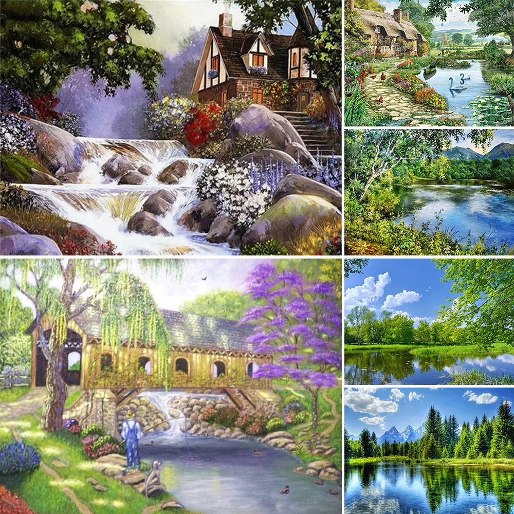 Landschaft Grünen Baum Haus Kreuz-Stich Stickerei Komplette Kit Hobby Handarbeiten Handarbeit Malerei Für Erwachsene Promotions Zahnseide