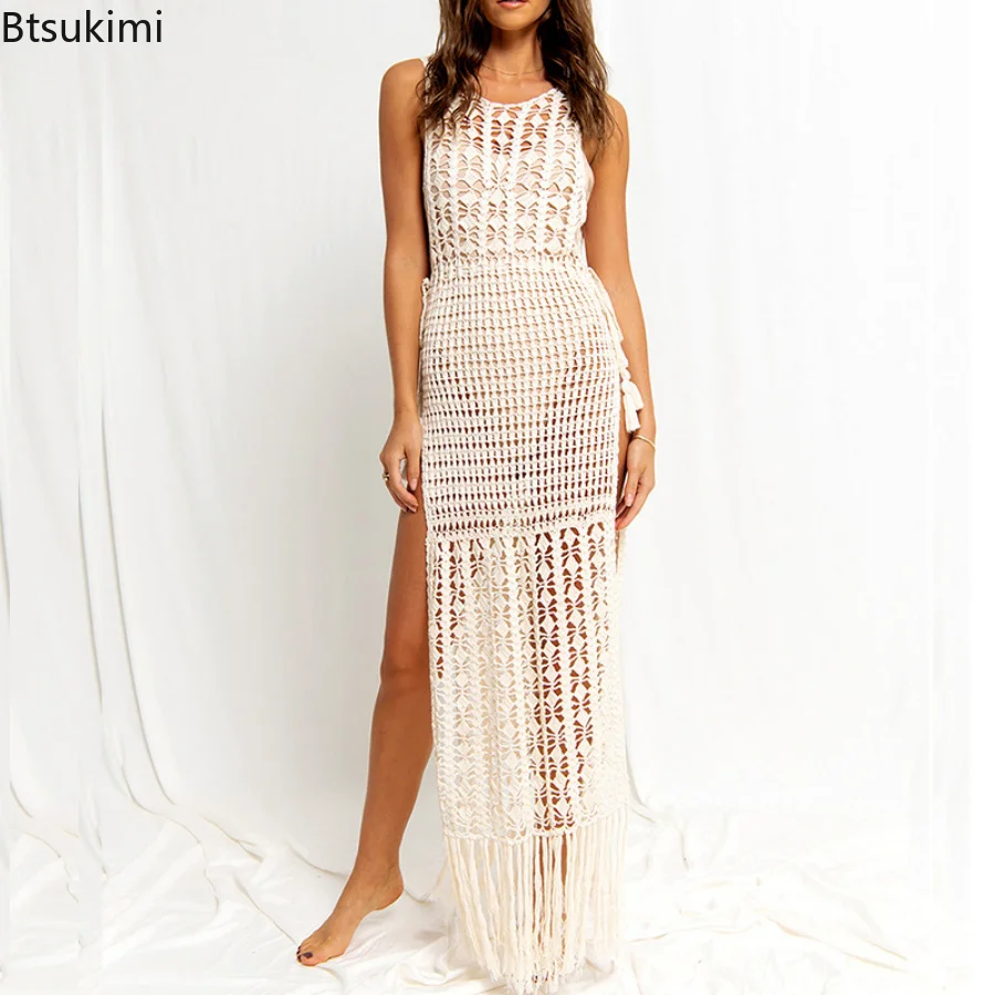 

2023 Summer Fringe Tassel Knitted Beach Cover-ups for Women Beach Wear Sexy Backless Vestidos Hollow Out Robe Long Beach Dress