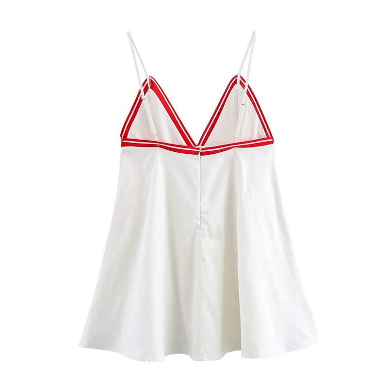 YENKYE Fashion Contrasting Striped Ribbed Trim White Short Dress Women Sexy Spaghetti V Neck A-line Mini Summer Dresses New 2025 3