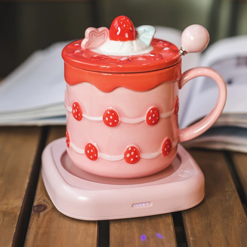 400ml Ceramic Coffee Mug Strawberry Water Cup with Lid and Spoon Strawberry  Tea Cup Water Bottle Porcelain Mugs Coffee Cups