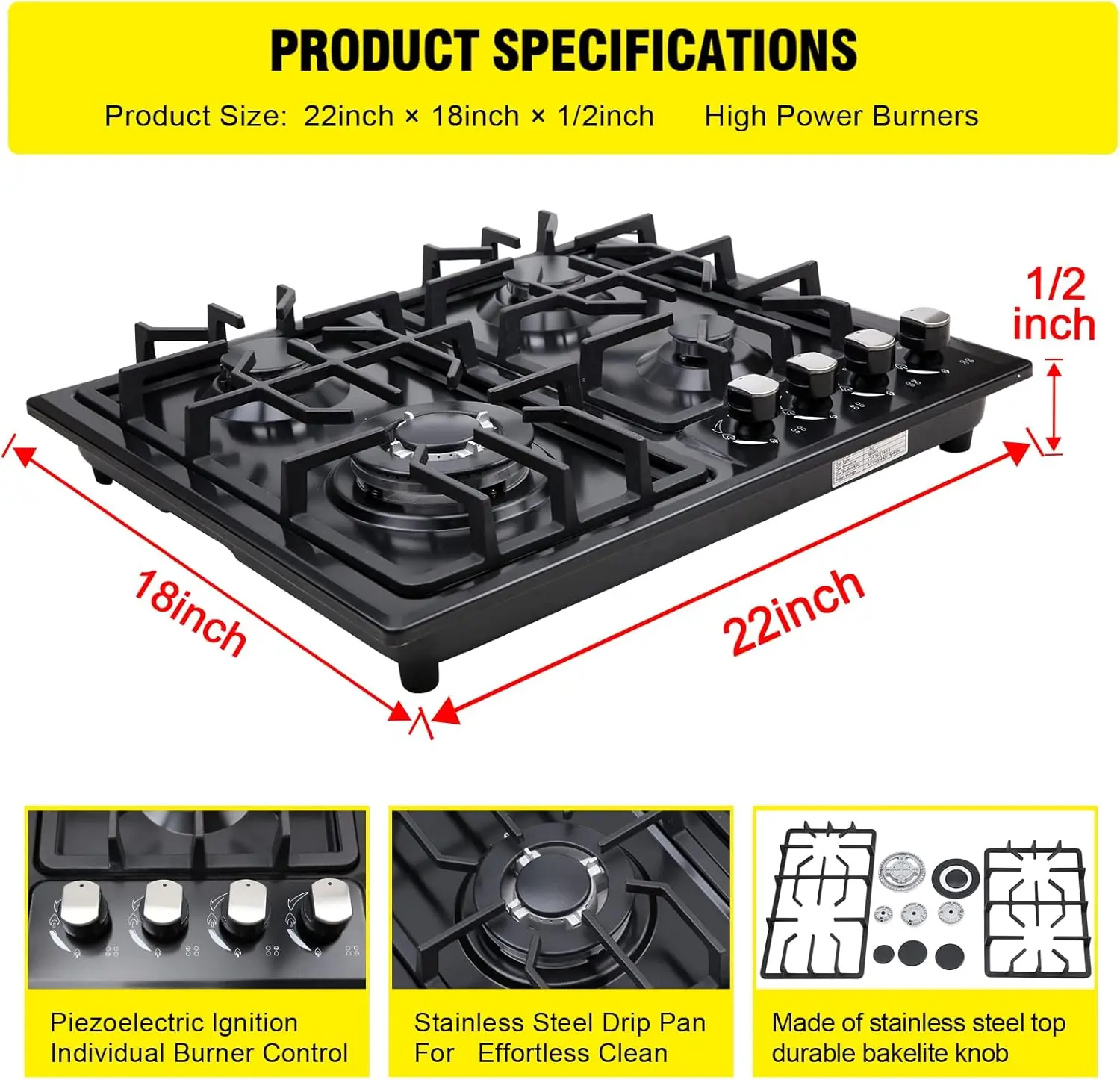 Gas Cooktop 22Inch，Built in Gas Cooktop 4 Burners Stainless Steel Stove with NG/LPG Conversion Kit Thermocouple Protection