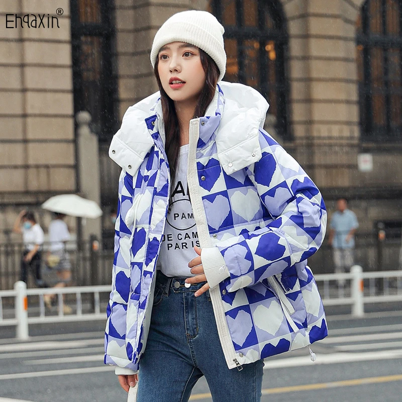 

EHQAXIN Winter Women's New Love Down Cotton Jackets 2022 Casual Loose Korean Fashion Print Thickened Thermal Hooded Coats S-2XL