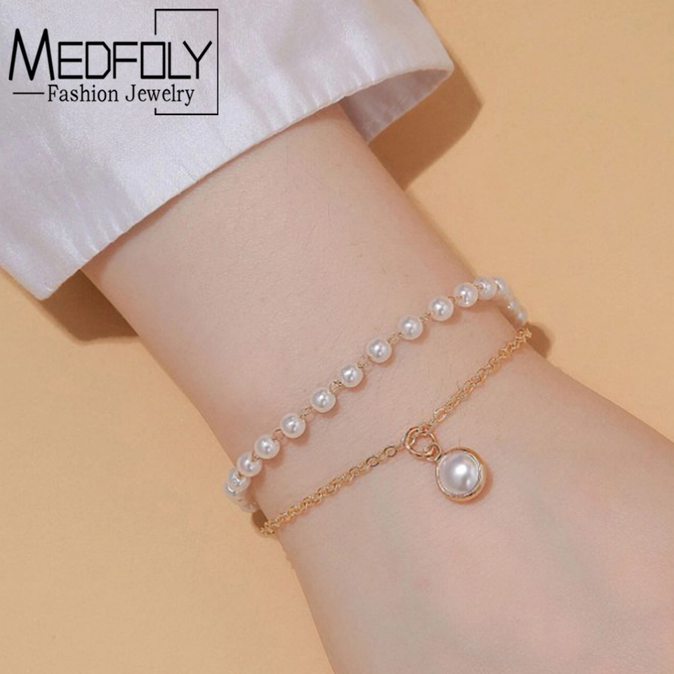 MEDFOLY 14k Gold Pearls Link Bracelets for Women Adjustable Anti-allergy Beads Minimalism Gentle Birthday Bridesmaid Jewelry