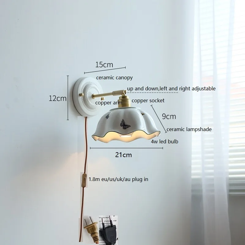 IWHD White Ceramic LED Wall Light Fixtures Copper Arm Socket Bedroom Living Room Beside Lamp Modern Wandlamp Applique Murale