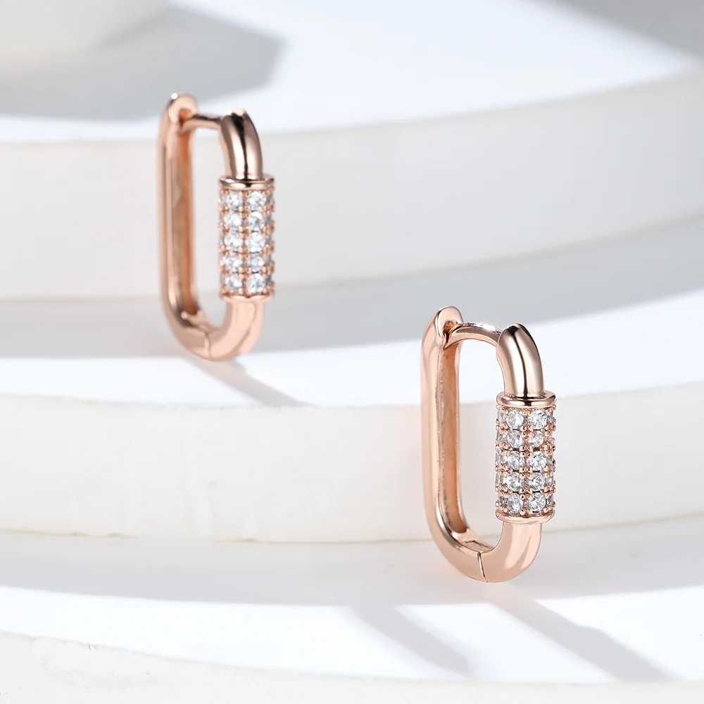 White Zircon Geometric U Shape Tiny Hoop Earrings For Women Vintage Rose Gold Color Small Ear Buckle Wedding Jewelry Party Gifts