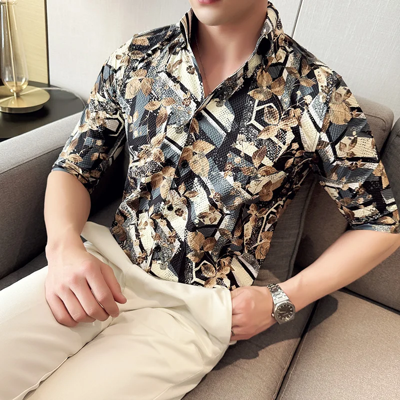 루즈한 캐주얼 셔츠, 중국 스타일 시니어 센스, 5 분 소매 셔츠, 캐주얼 패션, 코디하기 쉬운 중간 소매 프린트, 신상