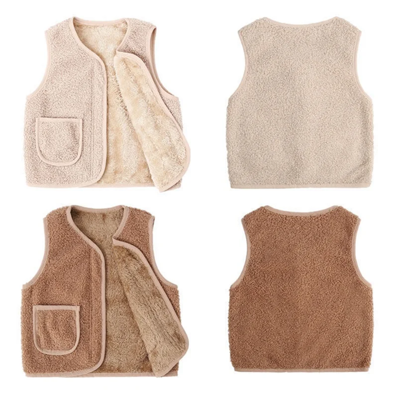 Children's Vest V-Neck Sleeveless Jacket Winter Warm Baby Velvet Waistcoat Outerwear Kids Girl Boy's Solid Clothes