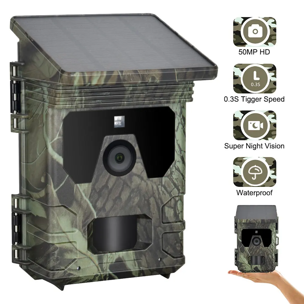 Solar Powered Night Vision Trail Camera 50MP 4K Hunting Cameras 0.3s Trigger Time Trail Camera