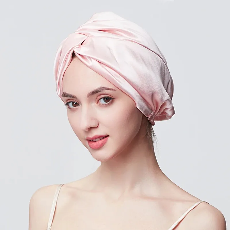 이중 레이어 100% 뽕나무 실크 6A 트위스트 슬리핑 보닛 천연 실크 터번 탄력 있는 리본 여성 헤어 케어 19모미
