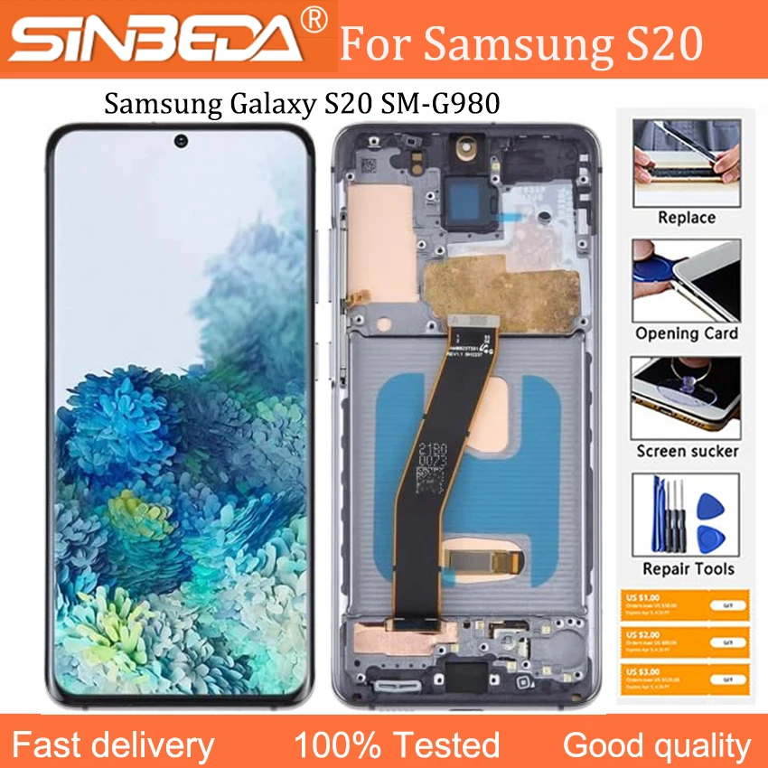 Schermo Oled Testato Al 100% Per Samsung Galaxy S20 Lcd Con Cornice G980 G980U G981F/Ds Display Touch Grass Screen Digitizer Assembly