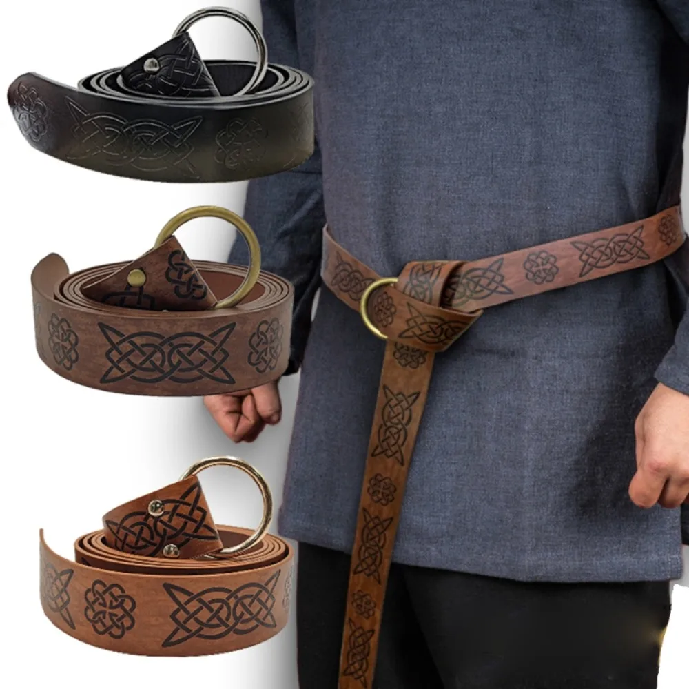 

Vintage Retro Casual Knight Belts Medieval Embossed Leather Belt Viking Vegvisir Pants Bands O Ring Buckle Waistband
