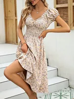 2025 Spring Summer Women Floral Dress French Style Ruffled Sleeves Wrap Waist Boho Beach Sundress Cottagecore - Image 3