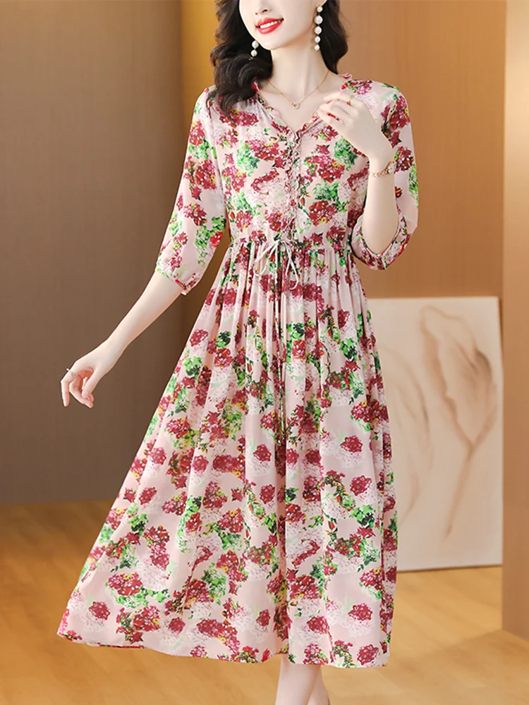 

Luxury Silk V-neck Loose Casual Midi Dress Women Floral Print Vintage Chic Beach Dress 2024 Summer Elegant Evening Vestidos