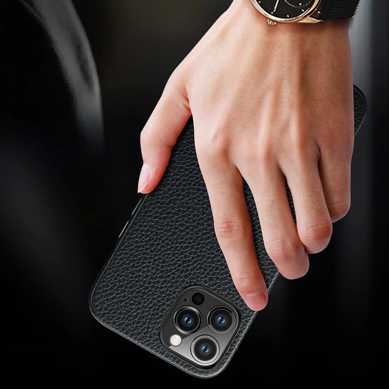 Luxury Litchi Pattern Genuine Leather Case for iPhone 15 Pro Max 11 12 13 Pro 14 Plus Shockproof Defender Protective Cover Funda