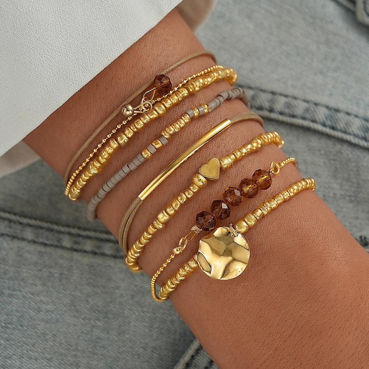 7 قطعة/المجموعة البوهيمي القلب الخرز أساور للنساء أنيقة كريستال جولة قلادة أساور مرنة مجموعة الأزياء حزب مجوهرات هدية