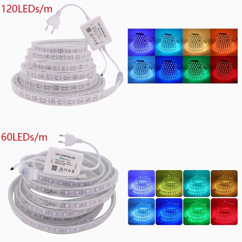 220V 디밍 가능 RGB 5050 LED 스트립 블루투스 60 120LED/M 플렉시블 리본 조명 방수 EU 40키 리모컨 키트 가정용 주방 장식
