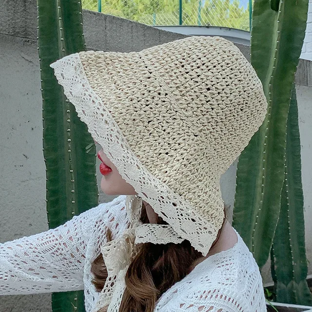 Fashion Summer Hats for Sun Beach Wide Brim Side Cap Women Panama Floppy Female Lace Solid Fringe Straw Hat_voghion.com