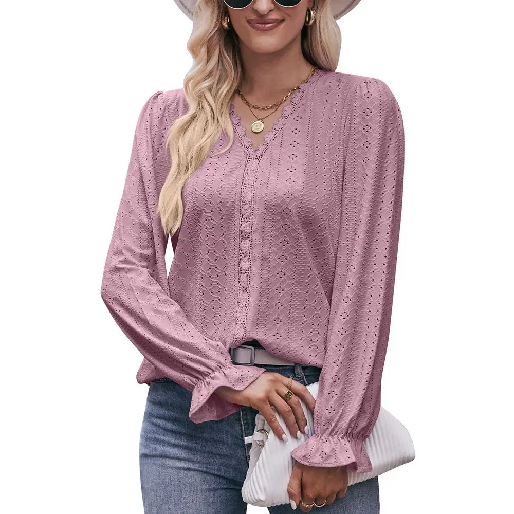 

Autumn Women's T-Shirts Petals Sleeve Sexy Lace Hole V-Neck Elegant Chic Casual Slim Winter Female Blouse Tops Outfits C5087
