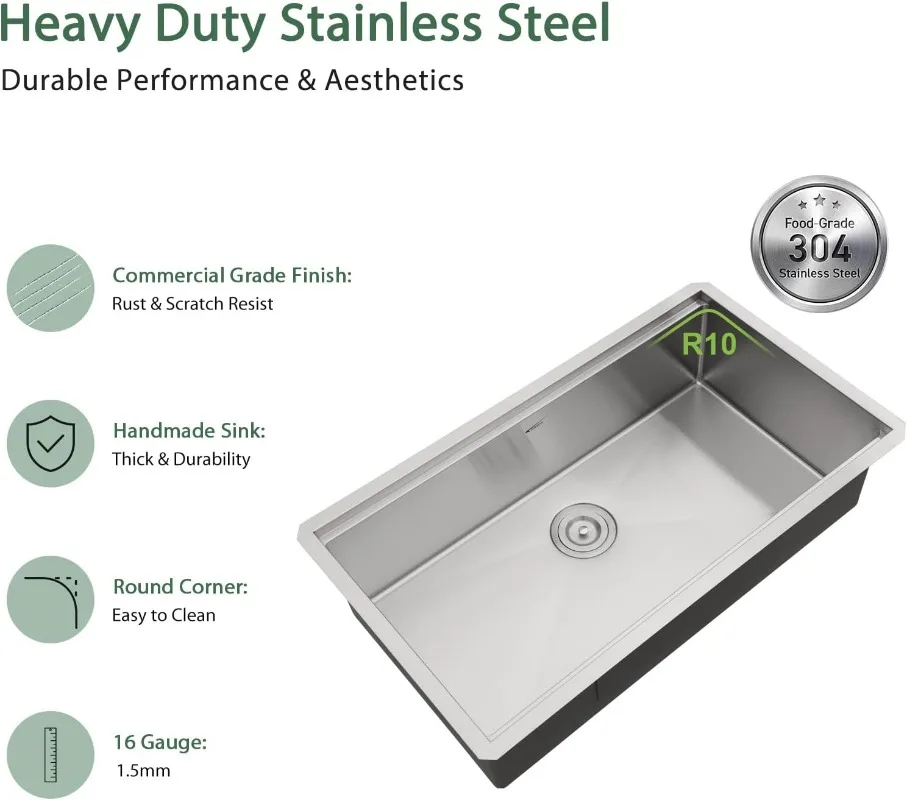 30 Inch Undermount Kitchen Sink 16 Gauge Stainless Steel Workstation Round Corners Single Bowl Under Counter 5