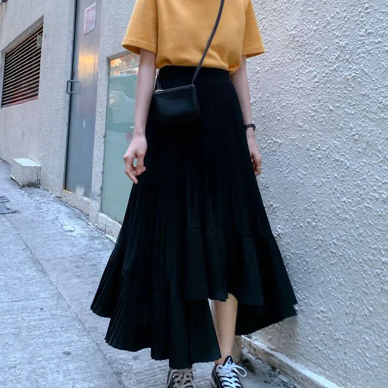 

Fashion All-Match A-Line Skirts for Women Korean High Waist Asymmetrical Pleated Skirt Female Summer White Ruffles Long Skirt