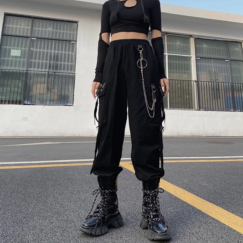 Punk Chain Cargo Pants Streetwear Hip Hop Pants High Elastic Waist Casual Fashion Harajuku Summer Tide Woman Pant capri leggings with pockets