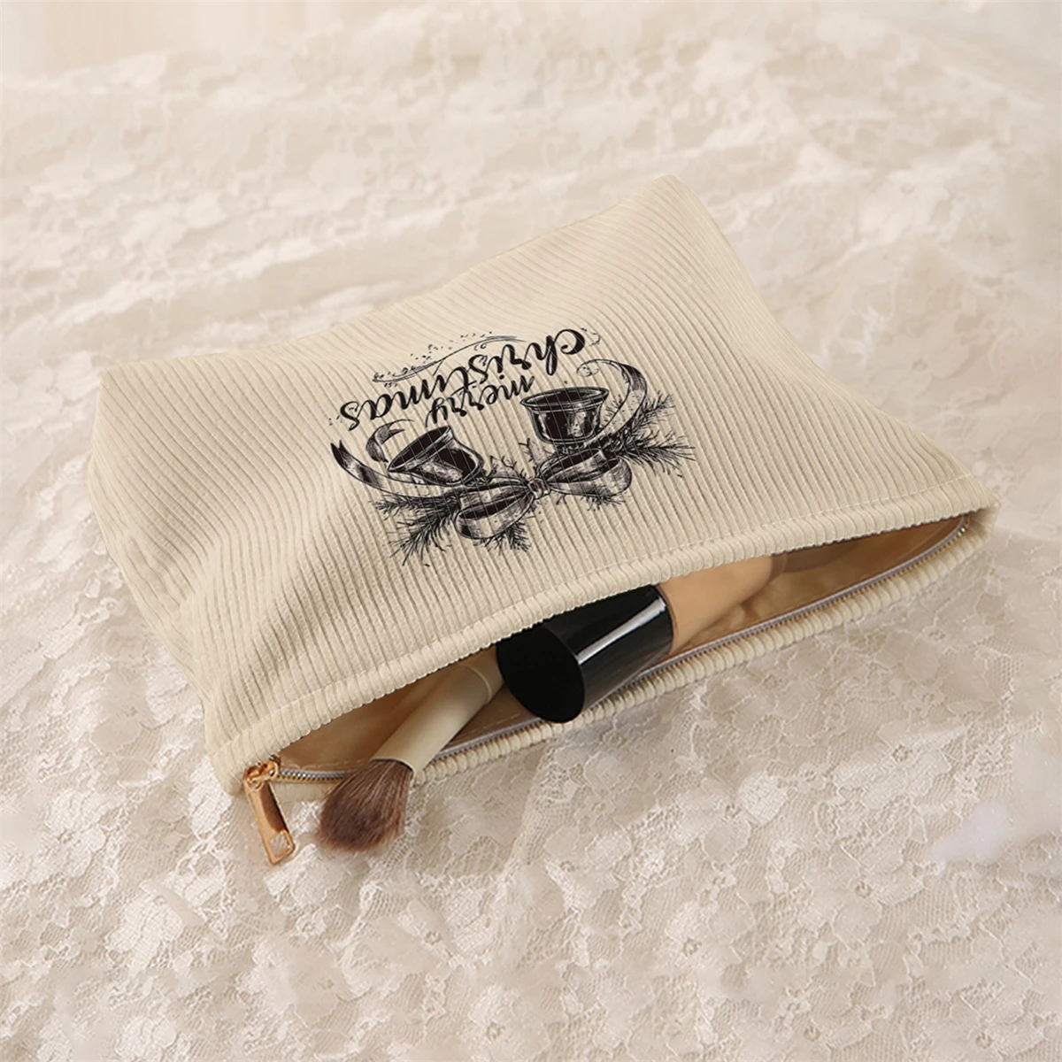 1 Christmas themed corduroy makeup bag, lightweight zipper makeup storage box, multifunctional bag with lining