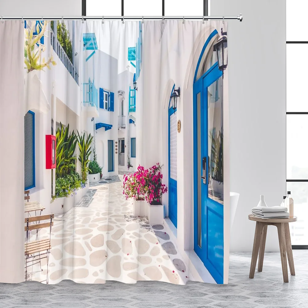 Greek Mediterranean Shower Curtain Purple Flowers Blue Door Window White Architecture Nature Landscape Bathroom Curtains Decor 5