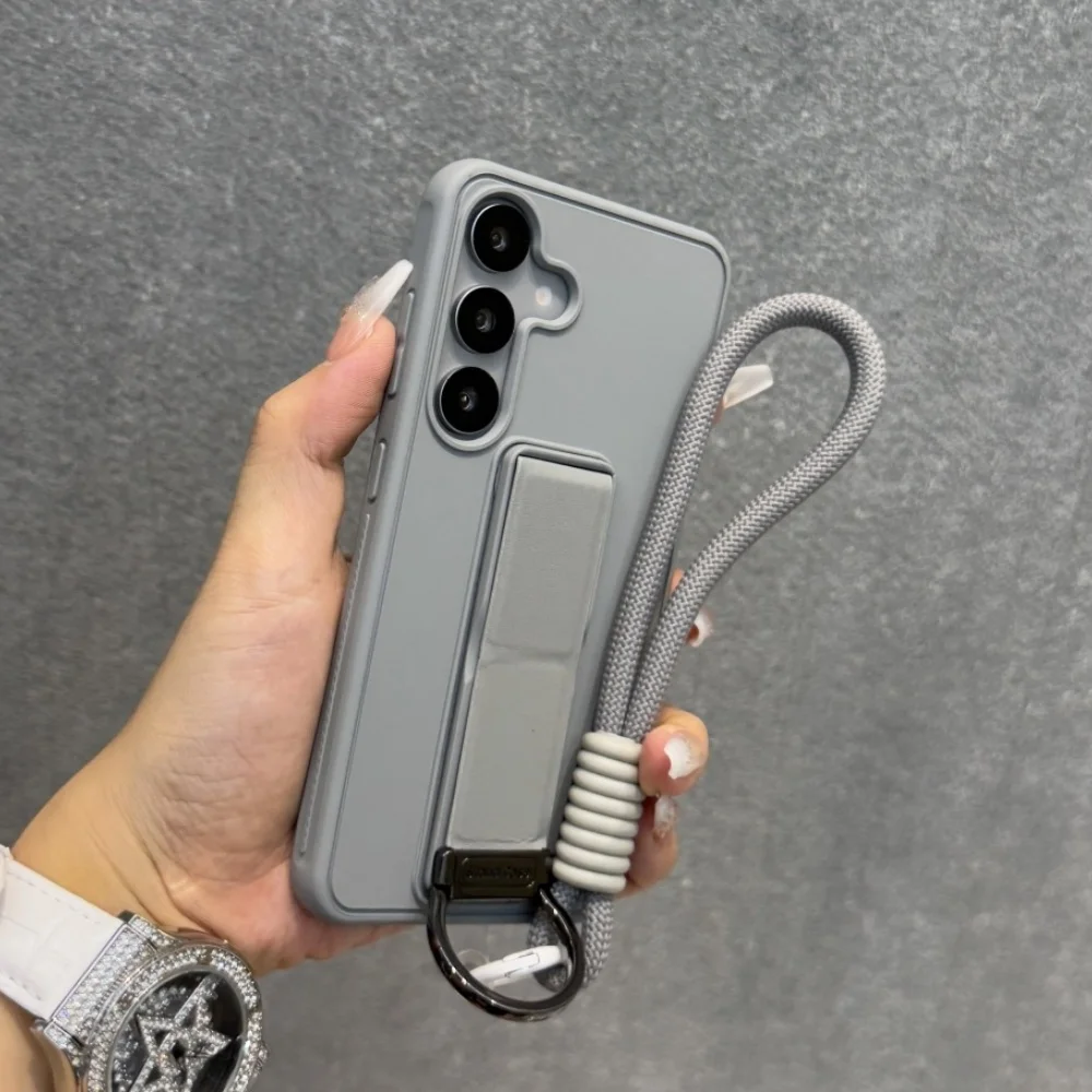 Folding Metal Stand Phone Case with Wrist Strap and Lanyard - Solid Color Matte Silicone Cover