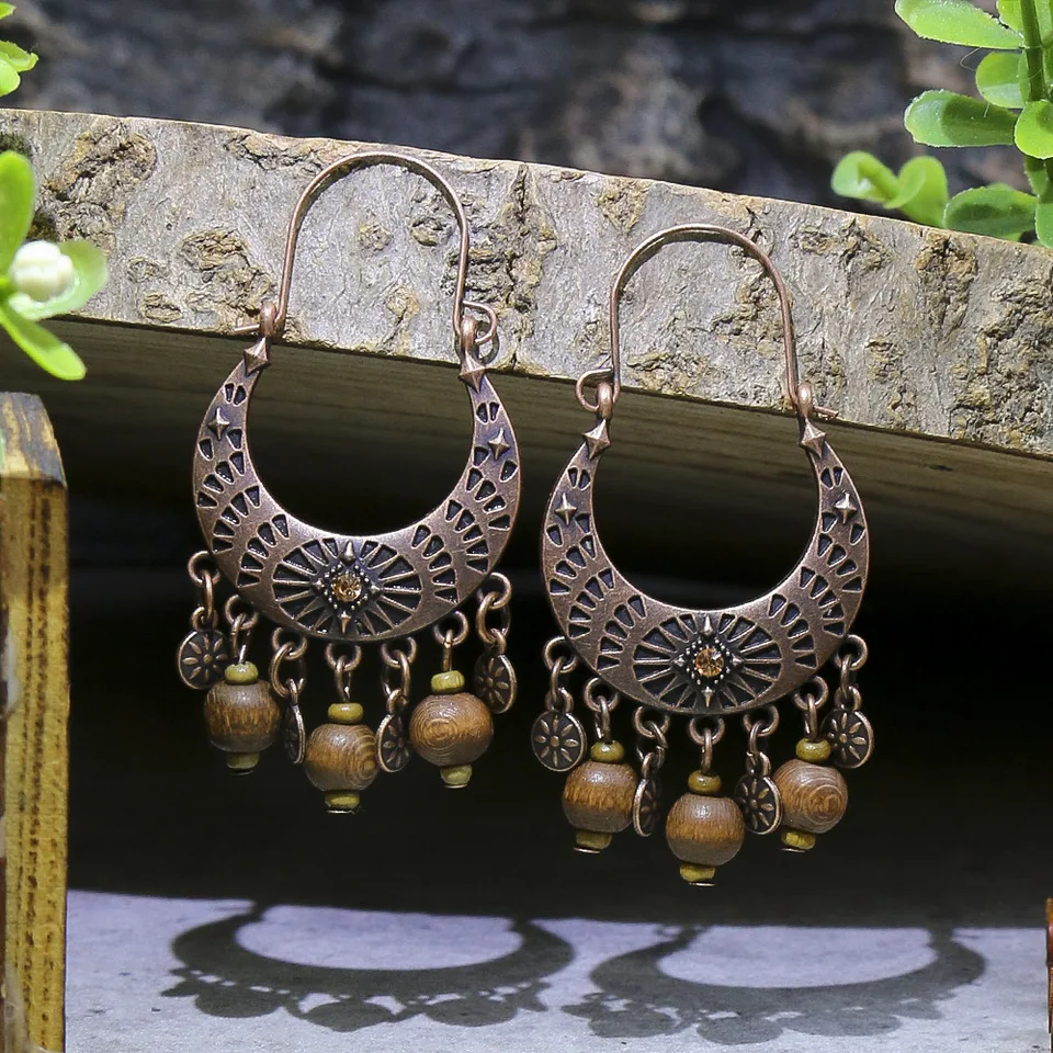 Orecchini Pendenti Boho In Legno - Cerchi Rotondi Traforati - Etnici E Chic Per Donne - Grandezza 5.7x3.3 Cm - Regalo