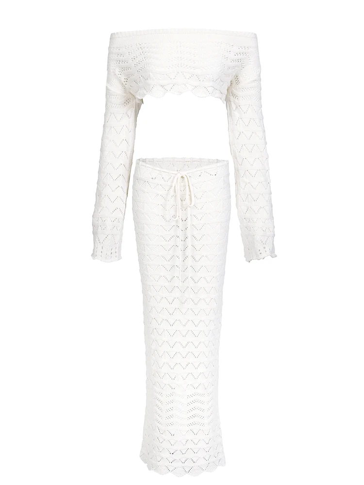Sexy Knit One-neck Long Sleeve Short Top Drawstring Half Skirt Beach Two-piece 2026 Women Summer Swimsuit Cover Up Chic Set K172 4