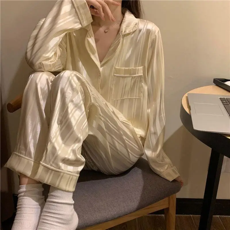 Women's Ice Silk 2 Piece Suit Pajamas Spring and Autumn Long-Sleeved Casual Striped Simple Loose Homewear Ladies Loungewear 3