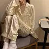Women's Ice Silk 2 Piece Suit Pajamas Spring and Autumn Long-Sleeved Casual Striped Simple Loose Homewear Ladies Loungewear 3