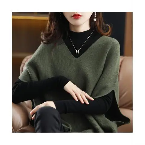 

Knitted Vest Women's Spring and Autumn Loose Style Sweater Tank Top Bat Sleeve Knit V-Neck Sweater