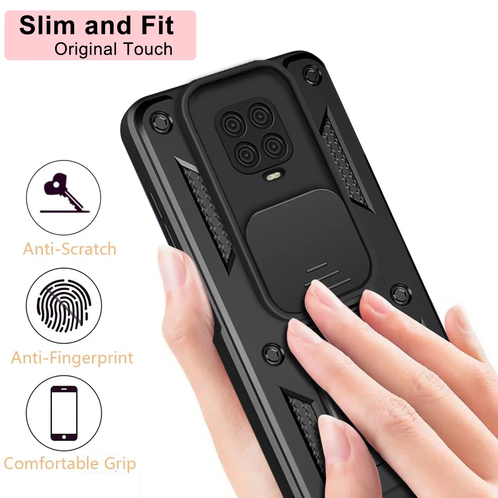 Shockproof Armor Case with Ring Holder and Slide Lens Protector