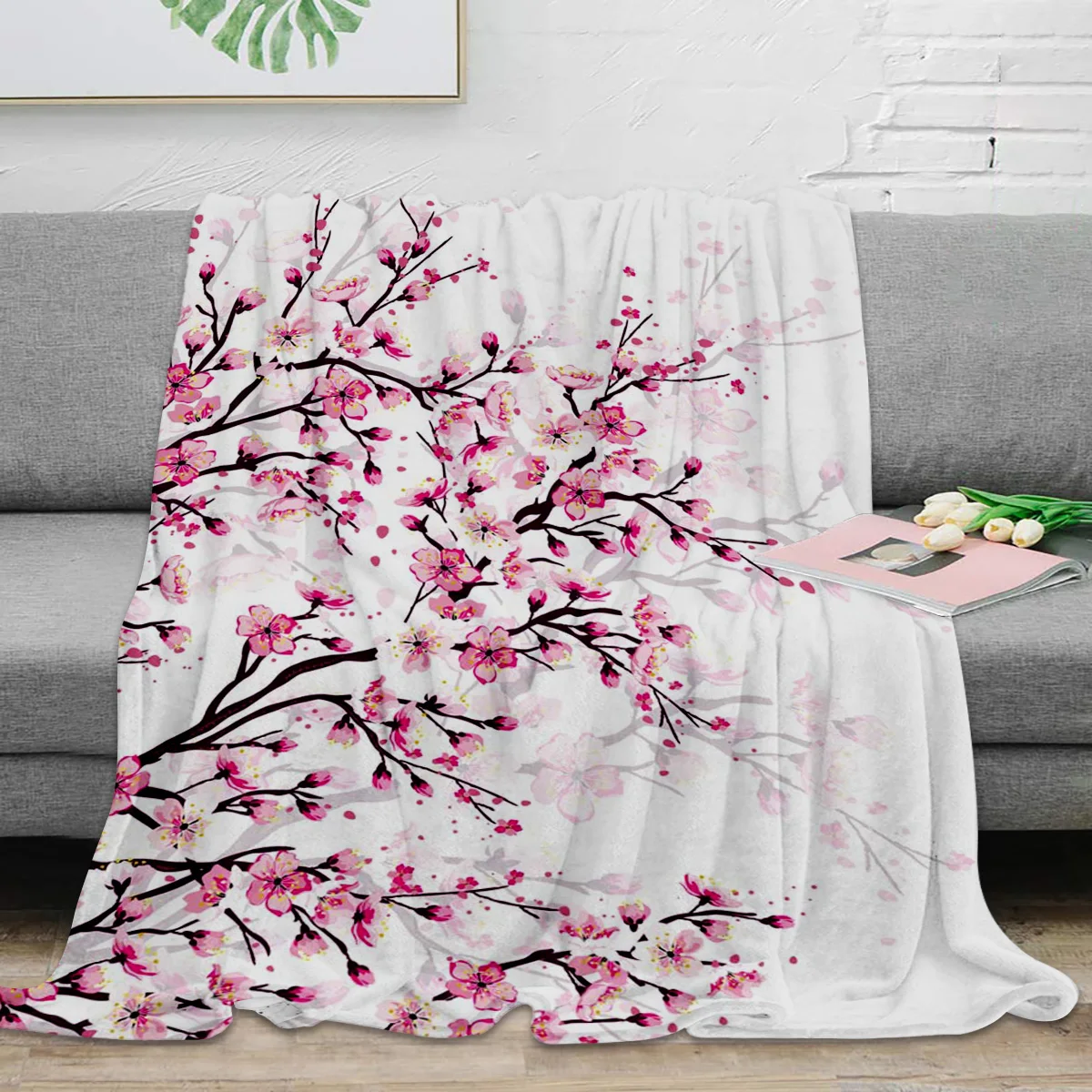 

Cherry Blossom Plum Branch Pink Flower White Throw Blanket Warm Microfiber Flannel Blanket Bedroom Decor Blankets For Beds