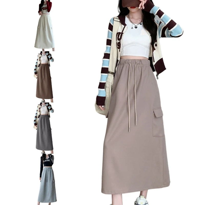 

Women Drawstring High Waist A-Line Cargo Long Skirt with Flap Pockets Harajuku Solid Color Loose Midi Skirts Streetwear N7YD