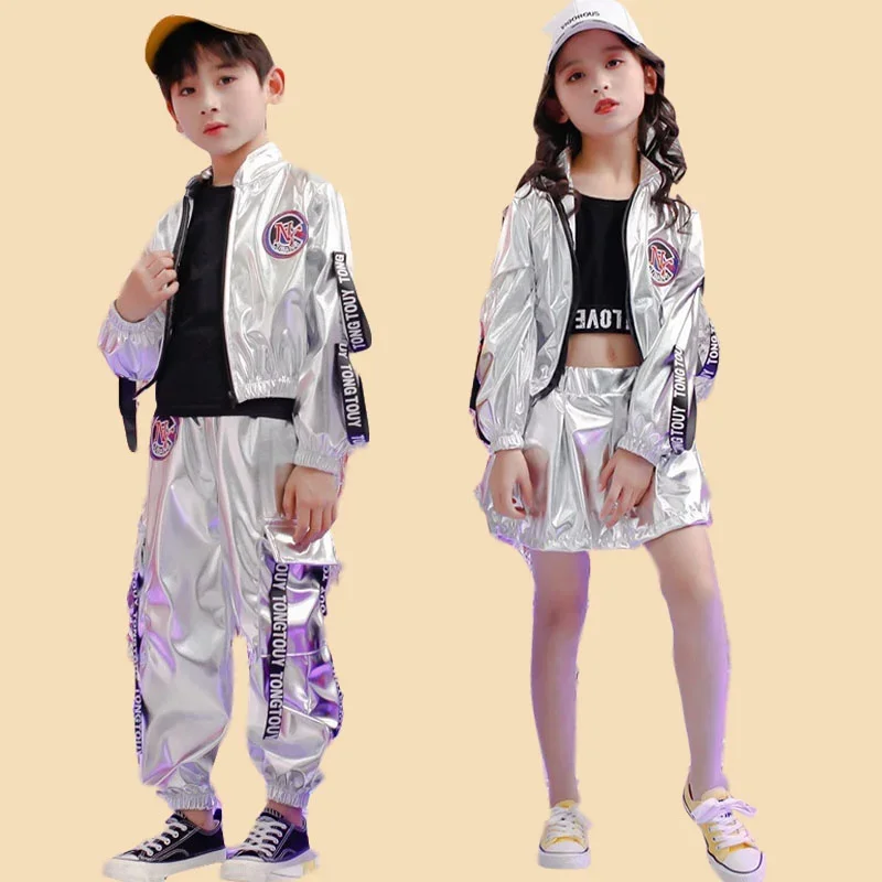 

Children silver stage hip hop girl dance costume stage show stage wear for boys girls ballroom street dancing jazz jacket pants