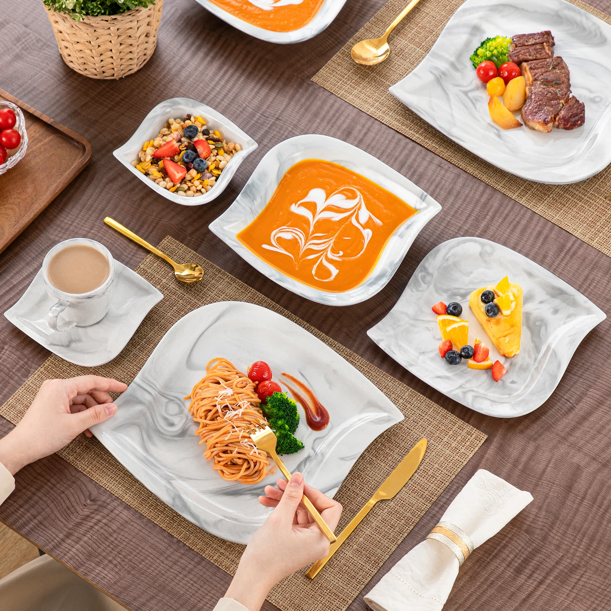MALACASA 36-teiliges Geschirrset aus elfenbeinweißem Marmor und grauem Keramikteller-Set mit 6-teiligem Speiseteller/Dessert/Suppe/Tasse/Untertasse/Schüssel – Detail 7