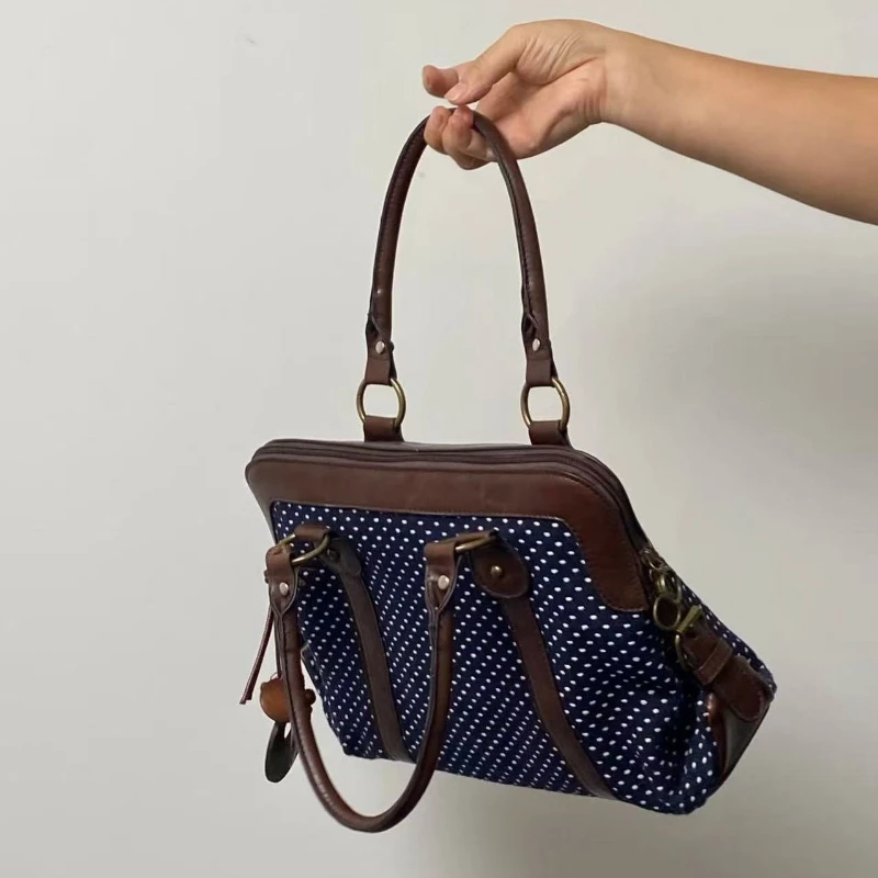 Borsa a Mano Retrò Coreana a Pois, Valigetta Grande Multifunzionale in Pelle Patchwork, Borsa Elegante e Graziosa, Borsa Casual per il Pendolarismo - immagine 5