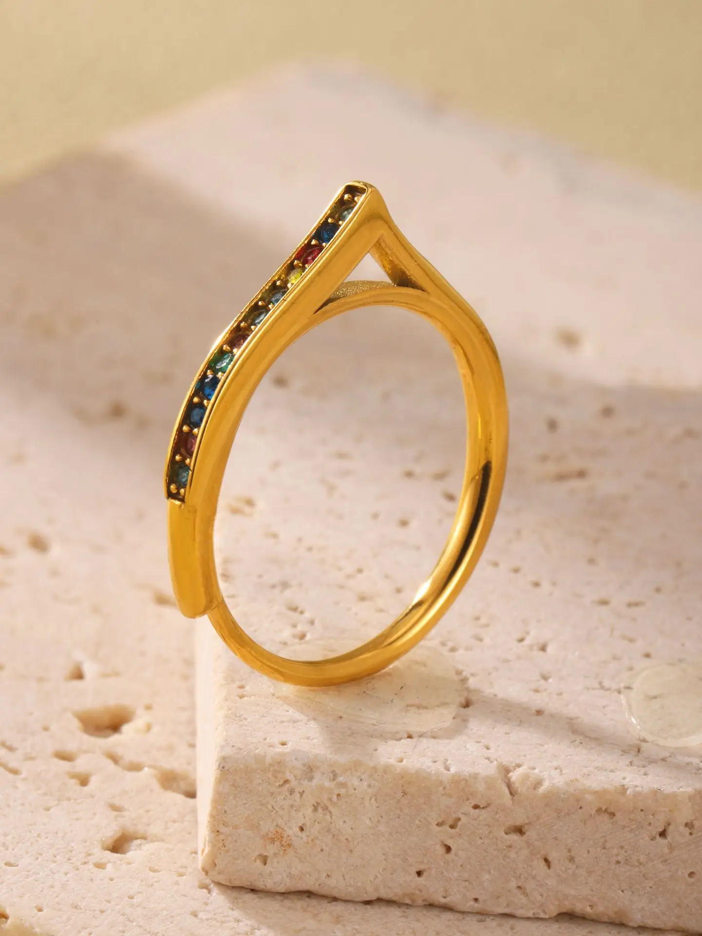 Luxuriöser Bunter Zirkon Feinring Damen Edelstahl Vergoldeter Schlichter Paar-Verlobungsring Ästhetischer Schmuck Geschenk – Detail 6