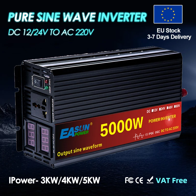 Pure Sine Wave Inverter 5000W/4000W/3000W DC 12V/24V To AC 220V Car Power Inverter Multi-function Socket Converter Tools Solar