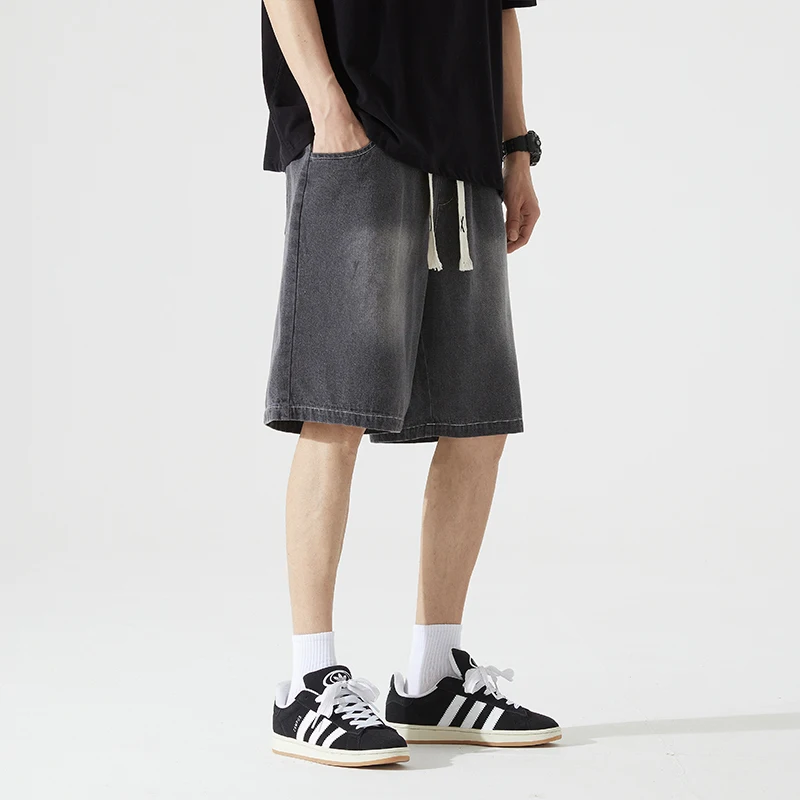 Fashion Elastic Lace Up Washed Straight Denim Shorts Men's Clothing 2024 Summer New Loose Solid Color Casual Knee Shorts