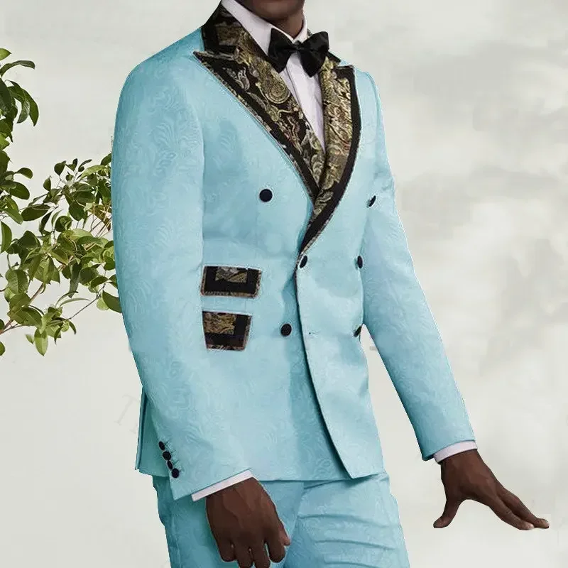 Men Yellow Floral Suits Double Breasted Slim Fit Wedding Business Tuxedo Groomsman (Jacket+Pants)