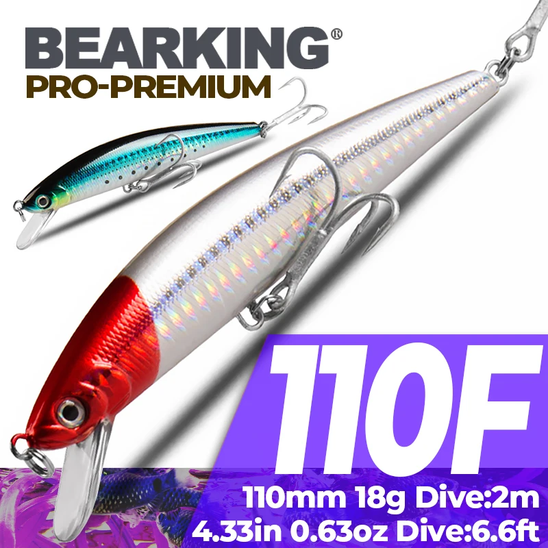 Bearking-Floating Minnow Fishing Lure, Laser Hard Artificial Bait, 3D Eyes,  11cm, 18g, Fishing Wobblers, Crankbait Minnows, 5Pcs