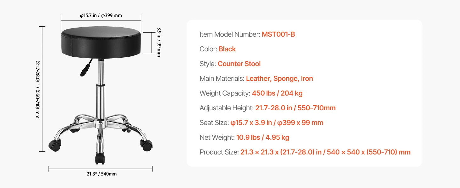 SucceBuy Rolling Stool w/ Wheels 450LBS Weight Capacity Round Rolling Stool Chair Height Adjustable for Salon Spa Tattoo Clinic