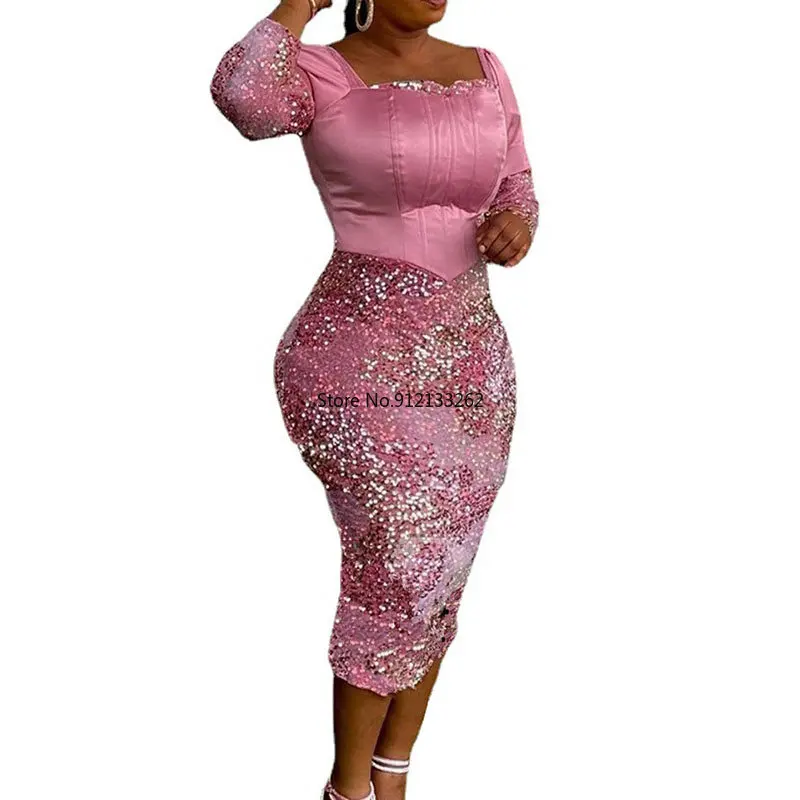 African Wedding Evening Dress Autumn African Women Long Sleeve Pink Sequined Knee-length Dress African Dresses for Women