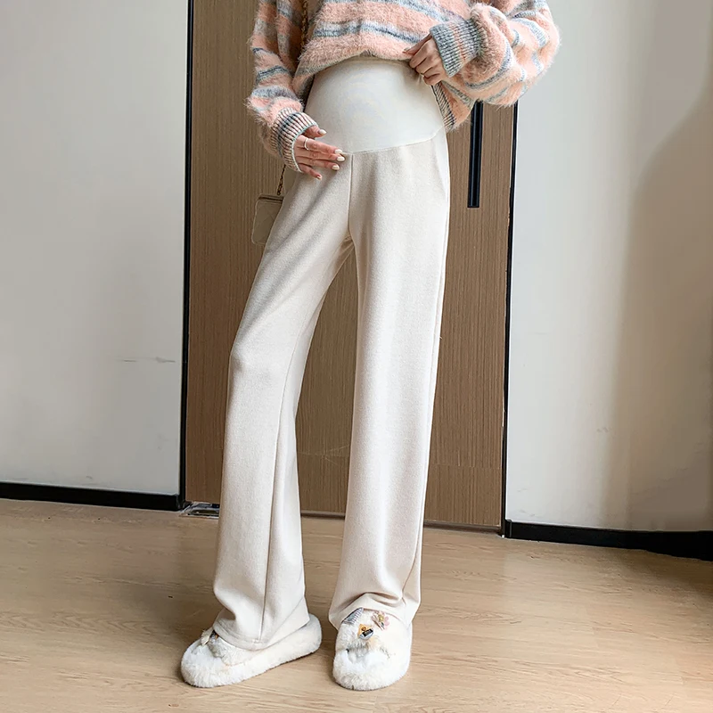 

2024 Autumn Winter Maternity Belly Pants Warmth Comfortable High Waist Pregnant Woman Woolen Trousers Loose Pregnancy Clothes